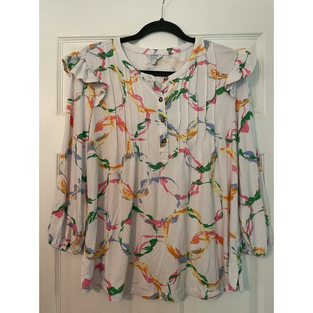 crown ivy top Woman's Blouse Large‎ White Colorful Ribbon Design Ruffle